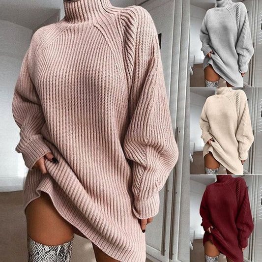 Women's Solid Turtleneck Knit Sweater Dress - Stickies Apparel