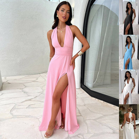 Women's Halterneck Backless Slit Dress - Stickies Apparel 0
