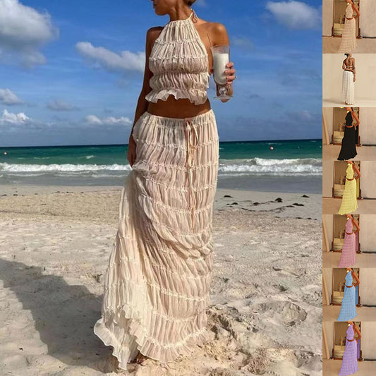 Women's Backless Halter Top & Pleated Maxi Skirt Set - Stickies Apparel 0