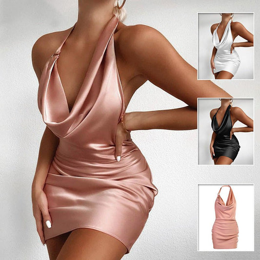 Women's Satin V-Neck Backless Mini Party Dress - Stickies Apparel 0