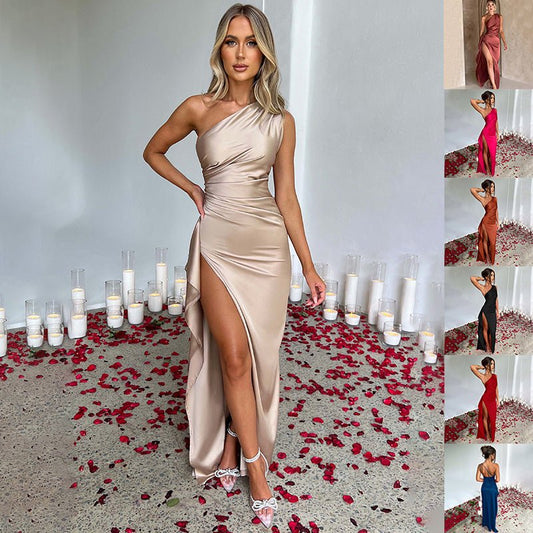 Women's One-Shoulder Satin Backless Slit Dress - Stickies Apparel 0