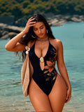 Chic Deep V-Neck One-Piece Swimsuit with Floral Design and Gold Accents - Stickies Apparel