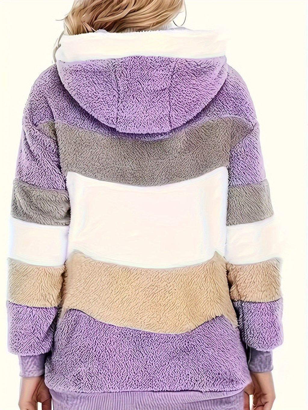 Color Block Fuzzy Fall & Winter Jacket, Casual Zip Up Hooded Long Sleeve Outerwear, Women's Clothing - Stickies Apparel