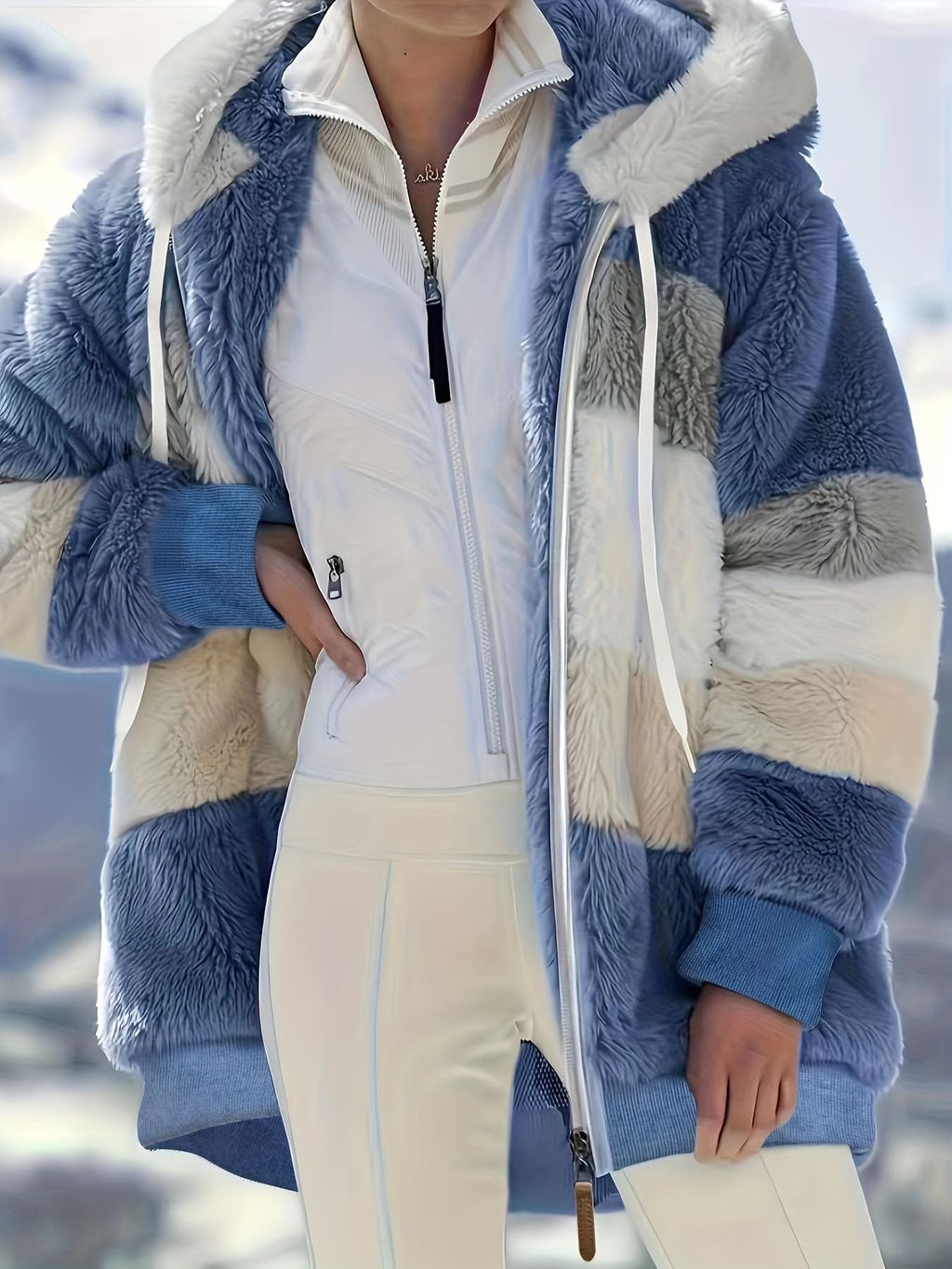 Color Block Fuzzy Fall & Winter Jacket, Casual Zip Up Hooded Long Sleeve Outerwear, Women's Clothing - Stickies Apparel