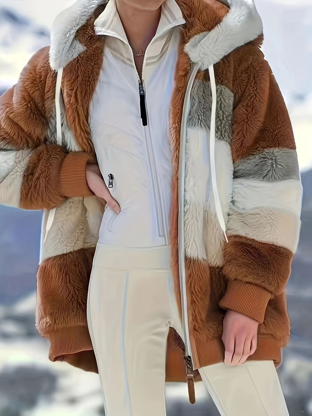 Color Block Fuzzy Fall & Winter Jacket, Casual Zip Up Hooded Long Sleeve Outerwear, Women's Clothing - Stickies Apparel