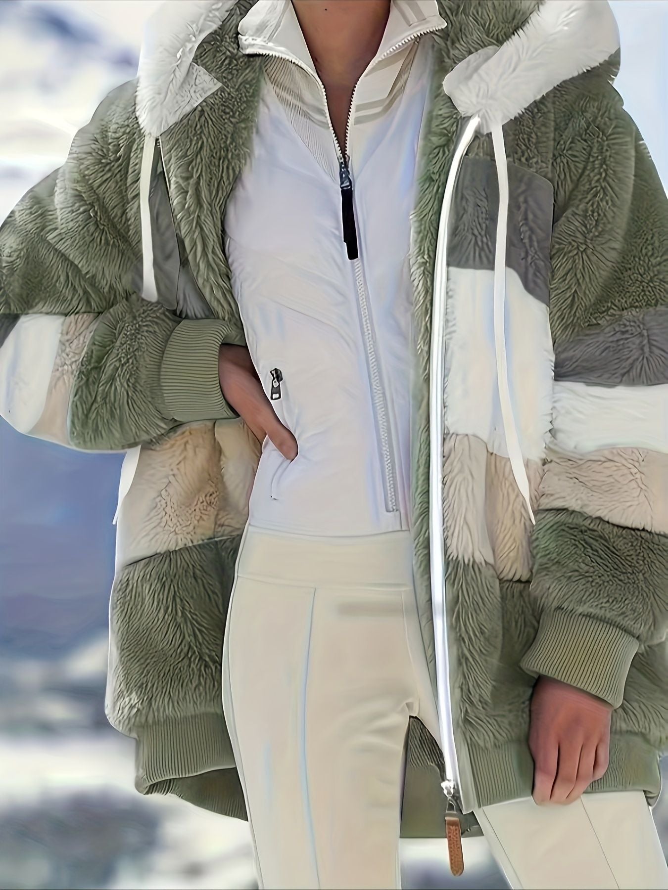 Color Block Fuzzy Fall & Winter Jacket, Casual Zip Up Hooded Long Sleeve Outerwear, Women's Clothing - Stickies Apparel