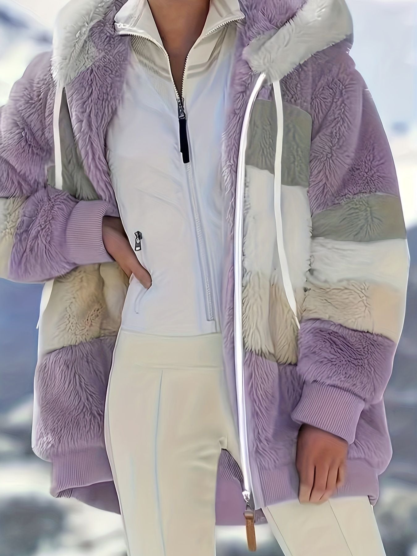Color Block Fuzzy Fall & Winter Jacket, Casual Zip Up Hooded Long Sleeve Outerwear, Women's Clothing - Stickies Apparel