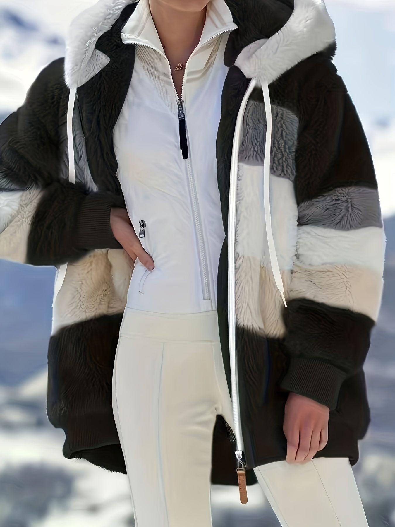 Color Block Fuzzy Fall & Winter Jacket, Casual Zip Up Hooded Long Sleeve Outerwear, Women's Clothing - Stickies Apparel