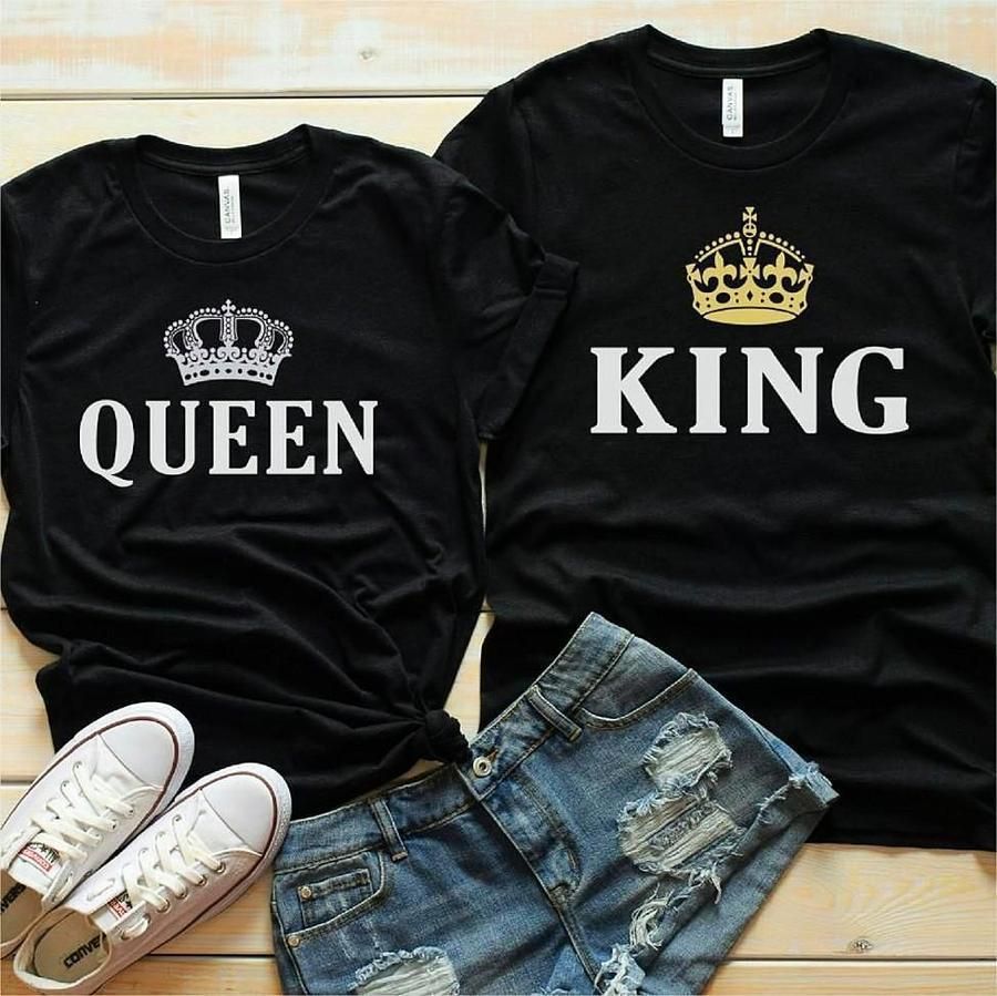 Couple T-Shirt with King and Queen Crown Print for Lovers - Short Sleeve Loose Fit Tee - Stickies Apparel