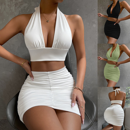 Women's Halter Lace-Up Top & Pleated Skirt Set - Stickies Apparel 0